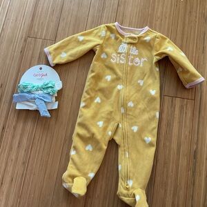 Carter's Yellow Heart Little Sister Footie and headbands 6 months